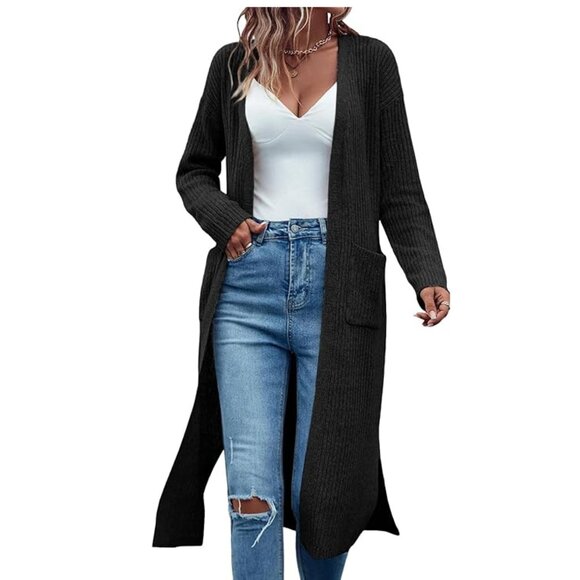 Long Ribbed Cardigan Sweater Black Open Front Oversized M - Picture 2 of 9